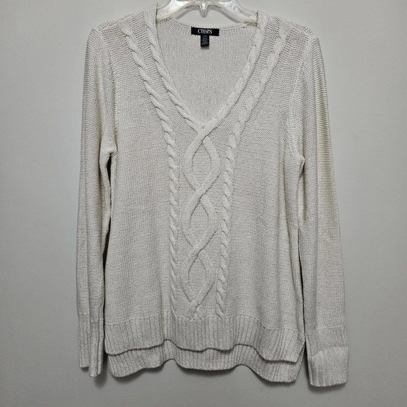 Vintage Ralph Lauren Chaps Womens Cable Knit Sweater Vneck Ivory w Sparkle Large - Picture 1 of 6